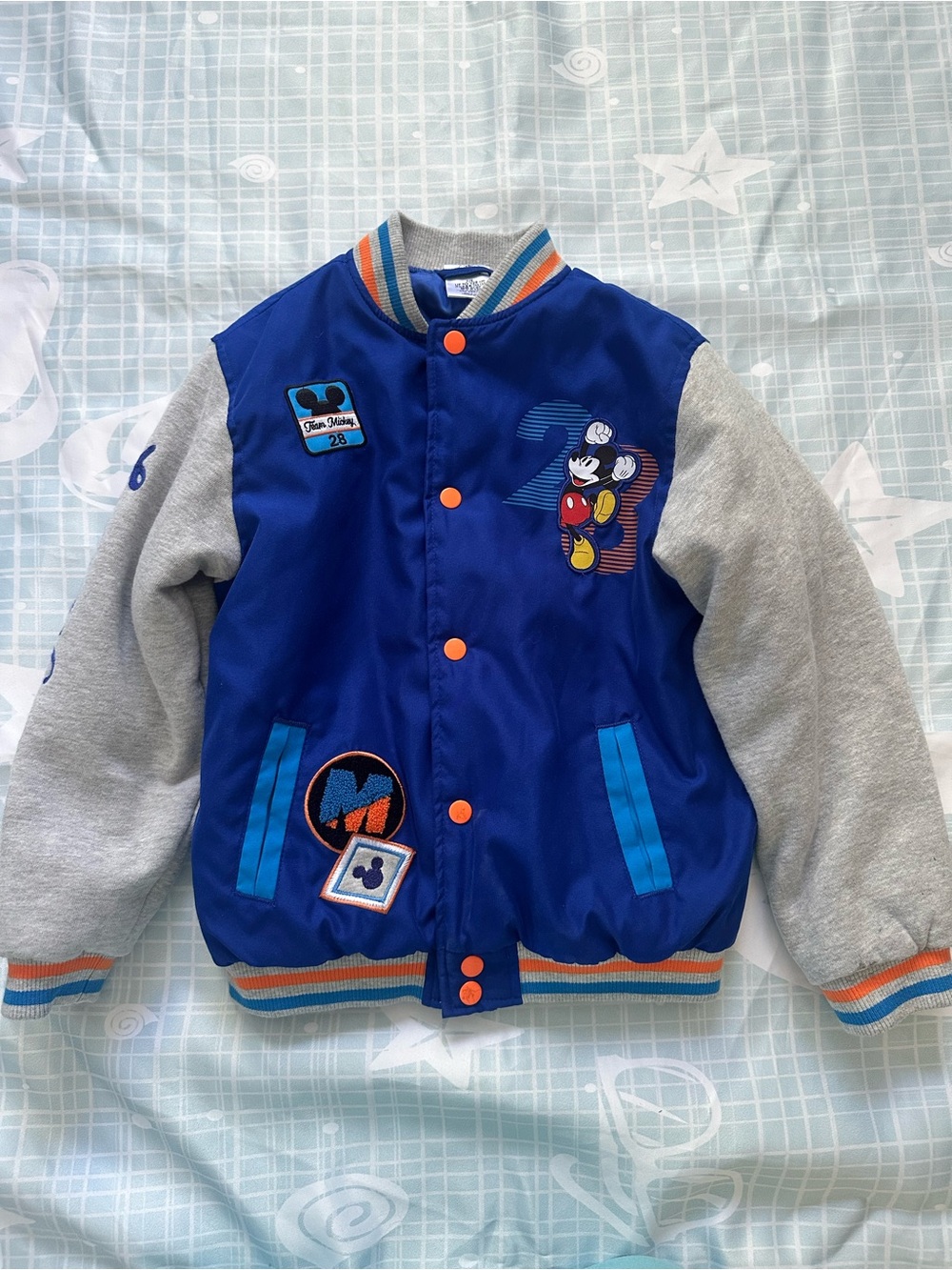 Disney Royal Blue & Gray Mickey Varsity Jacket with Orange Trim